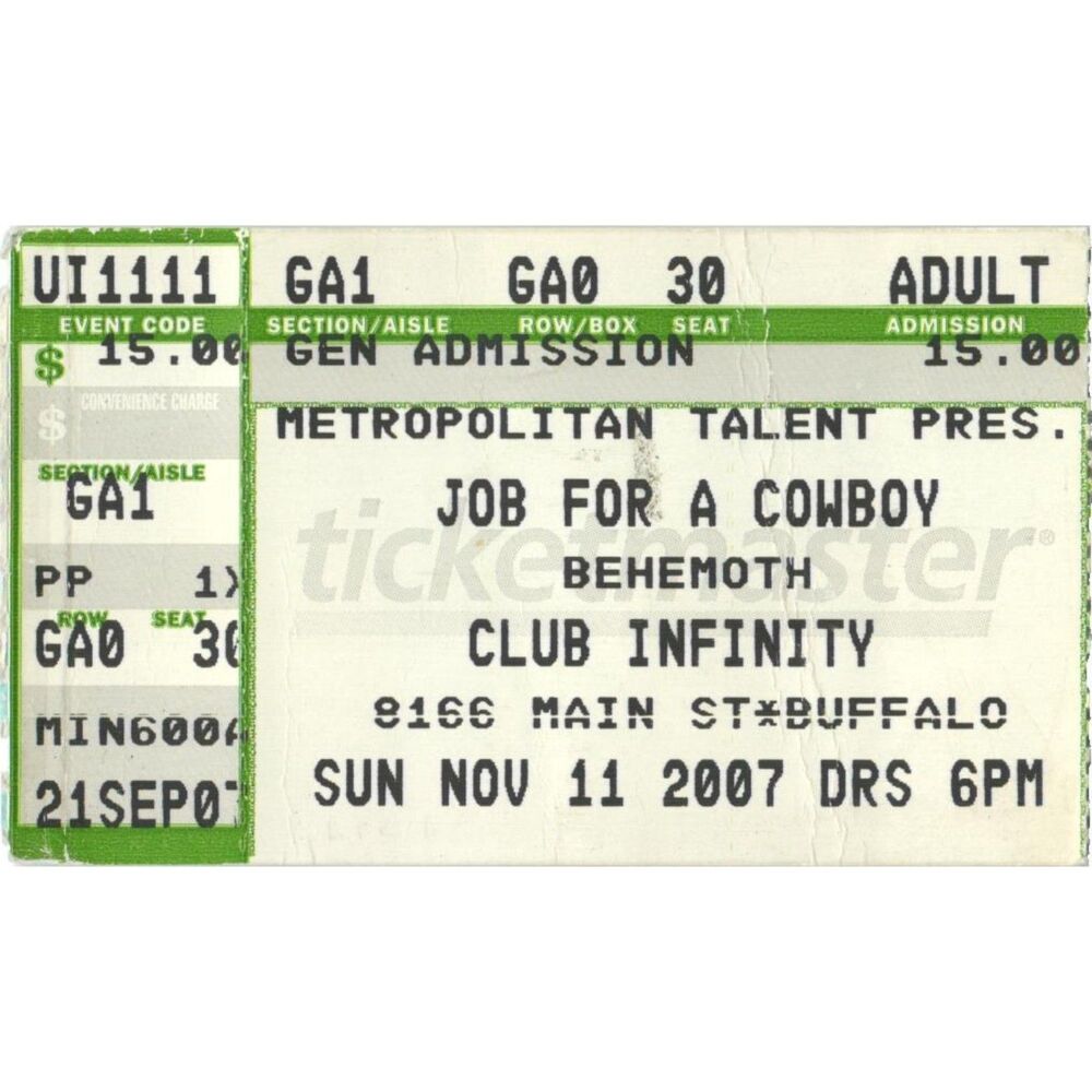 Vintage 2007 Behemoth Job For A Cowboy Concert Ticket Stub Buffalo NY